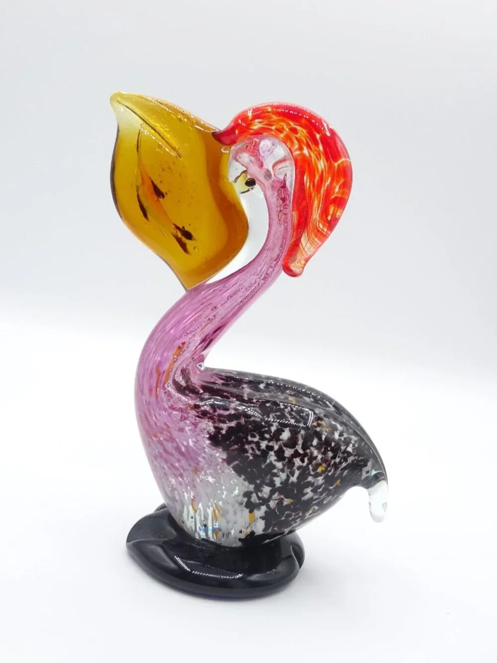 Murano Style Art Glass Pelican Figurine Hand Blown Pink Amber Black Speckled 7